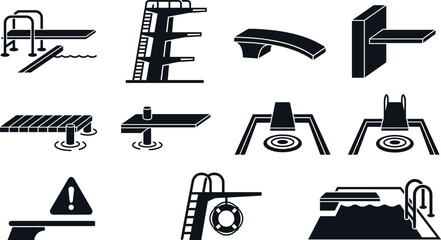 Diving board and swimming pool vector icon set featuring high dive platforms ladders springboards water safety signs lifebuoy rings and summer recreation symbols © Ms