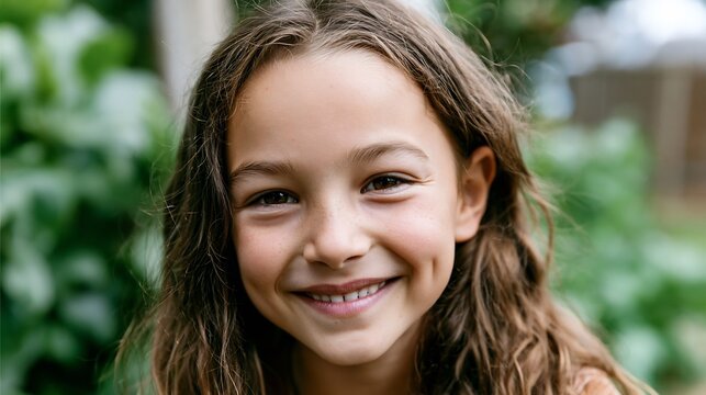 Close-up of a happy young girl with a beaming smile and dimples looking at the camera.