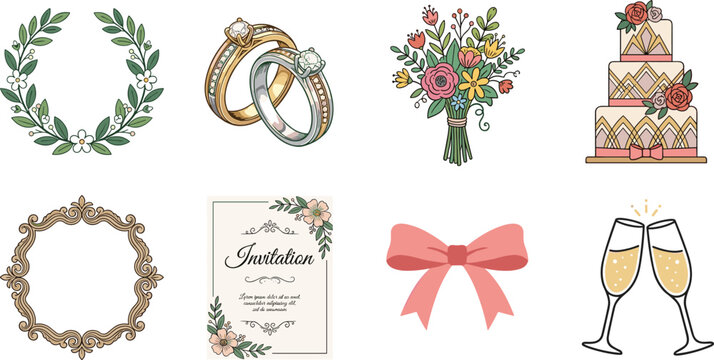 Elegant Wedding Celebration Vector Collection with Floral Wreath Rings Bouquet Invitation Cake Ribbon and Champagne