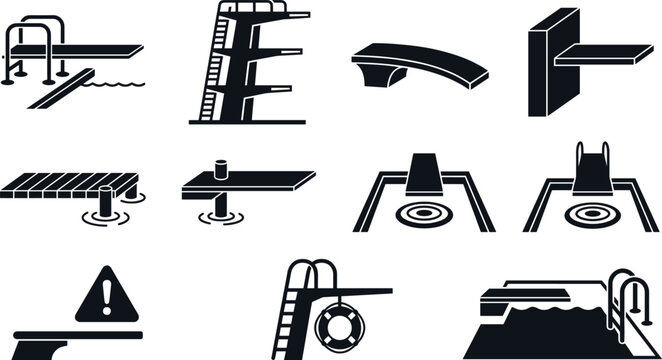 Diving board and swimming pool vector icon set featuring high dive platforms ladders springboards water safety signs lifebuoy rings and summer recreation symbols
