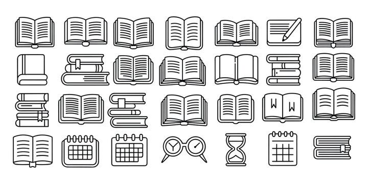 Line of books and school supplies open books stacked books calendars hourglass  in white background
