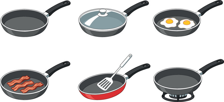 Frying pan vector illustration set with empty skillet glass lid frying eggs cooking bacon spatula and pan on gas stove burner