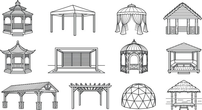 Gazebo and pergola vector line icon set featuring outdoor pavilion backyard canopy garden tent dome structure patio shed and landscape architecture design elements