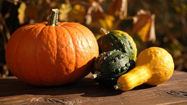 Beautifully composed rustic autumn arrangement of various sized pumpkins and gourds on a textured wooden surface with soft natural light pumpkins, harvest, gourds