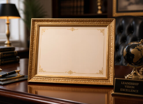 Resting on an elegant mahogany director's desk, a blank certificate within an ornate gold frame awaits personalization. Its pristine parchment provides a versatile canvas for awards. Soft lighting acc