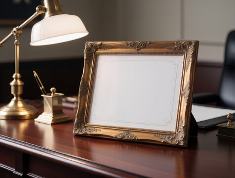 Resting on an elegant mahogany director's desk, a blank certificate within an ornate gold frame awaits personalization. Its pristine parchment provides a versatile canvas for awards. Soft lighting acc