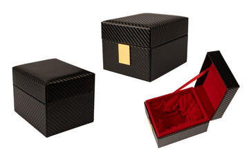 Obraz premium Black empty box covered with red velvet isolated on a white background.