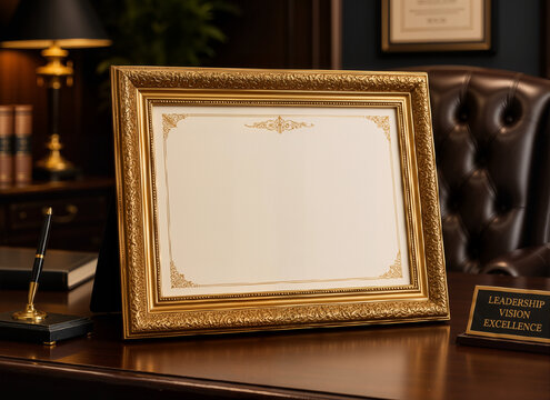 Resting on an elegant mahogany director's desk, a blank certificate within an ornate gold frame awaits personalization. Its pristine parchment provides a versatile canvas for awards. Soft lighting acc