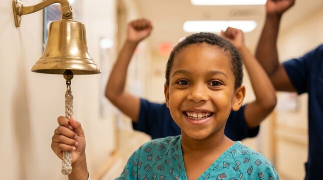 child cancer survivor hospital bell ringing remission celebration pediatric victory emotional portrait concept about young patient marking treatment completion with an emotional bell ringing milestone