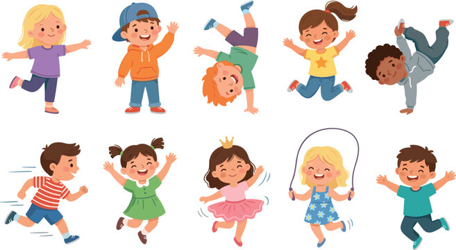 Active little kids collection with cheerful boys and girls handstanding breakdancing running jumping having fun vector flat graphic design