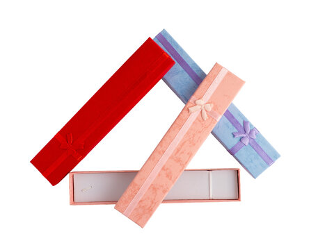 empty rectangular watch bracelet cardboard jewelry boxes with ribbon bows   flat lay