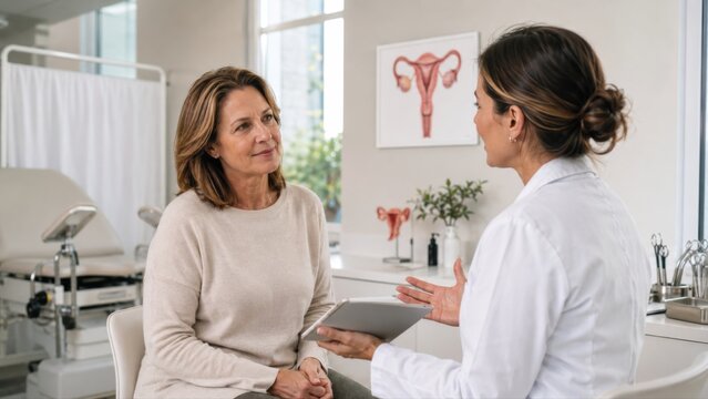 Mature woman discussing preventive gynecology care with female doctor in modern clinic, with pelvic model and exam chair subtly visible.