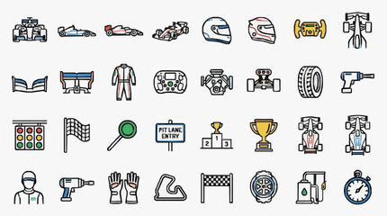 Naklejka premium Industrial and Motorsport Equipment and Components Icon Collection for Racing Enthusiasts and Engineers