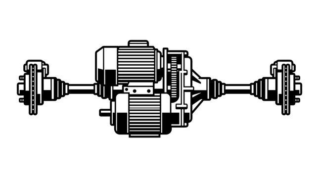 Electric Vehicle Drivetrain Assembly with Motors and Axles.