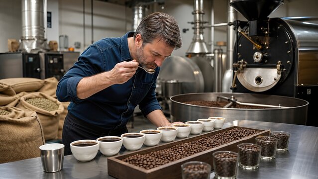 Industrial roasting facility showing coffee sample assessment, flavor evaluation and production quality workflow before final packaging stage.