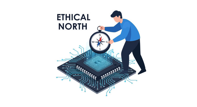 Ethical North Concept Illustration: Man Holding Compass over Computer Chip representing Responsible Technology and AI Ethics Guidance