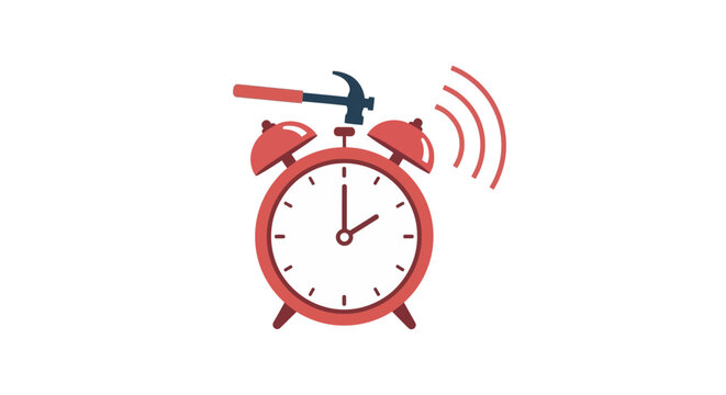 Hammer hitting alarm clock, concept of waking up or stopping time