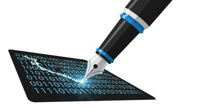 Digital Signature and Smart Contract Concept: Fountain Pen Writing Glowing Binary Code on Touchscreen Tablet