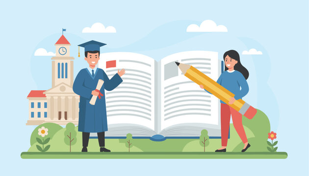 Proud graduate in cap and gown stands next to a classmate holding a giant pencil in front of an open textbook.