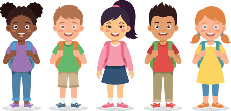 Cute diverse children character set wearing school backpacks standing together smiling back to school concept flat vector illustration