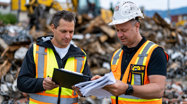 Site waste coordinator and environmental compliance officer reviewing demolition material audit worksheet at material sorting station, separated debris piles of timber rebar and masonry visible acro
