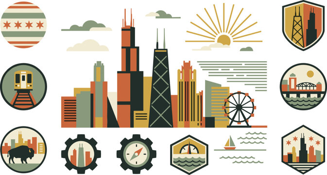 Chicago skyline skyline vector element set featuring Willis Tower John Hancock Center Navy Pier ferris wheel and vintage city travel badges