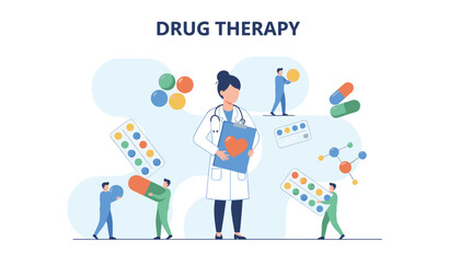 Fototapeta premium Medical drug therapy infographic with doctor holding folder surrounded by tablets, capsules, and patients.