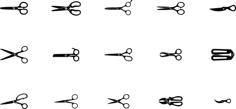 Scissors and shears icons collection vector cutting tools tailor sewing salon haircut clippers office stationery black silhouette elements set