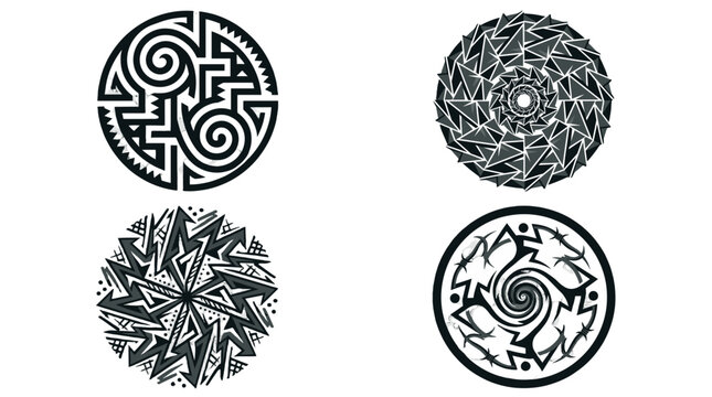 Set of four abstract circular black tribal pattern designs