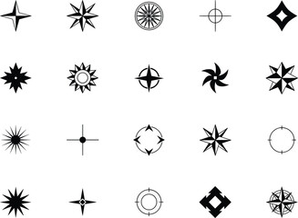 Fototapeta premium Star and sparkle icons collection vector geometric shapes retro cross compass target symbols and bursting light sparkles black silhouette elements set