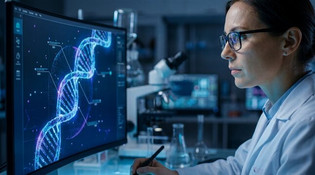 scientist dna computer research laboratory genetics data screen science analysis detailed hygiene concept about scientist reviewing DNA visualization on computer screen for laboratory research and