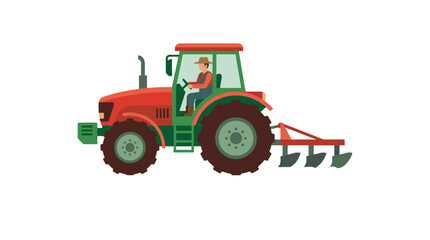 Naklejka premium Red farm tractor with plow attached flat vector illustration