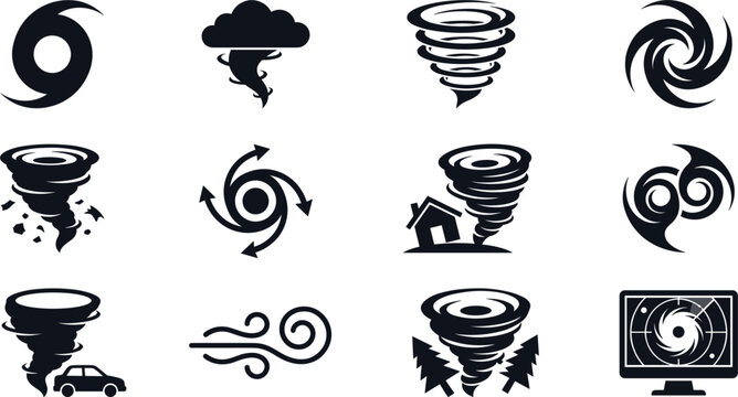Tornado and hurricane vector icon set featuring extreme weather conditions natural disaster warnings storm tracking twister vortex and climate emergency symbols