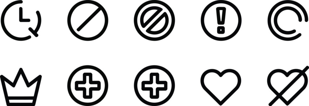 Minimalist line icons collection featuring clock warning exclamation mark crown plus sign heart shape and prohibited symbols for interface design.