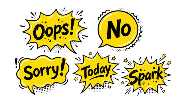 Expressive comic clouds with oops and spark text icons.
