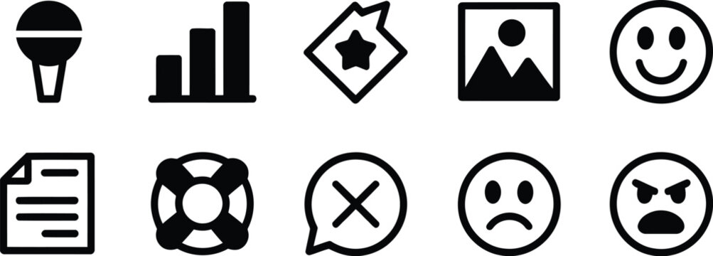Vector user interface icons set featuring microphone bar chart image gallery document lifebuoy chat speech bubbles and expressive smiley faces.