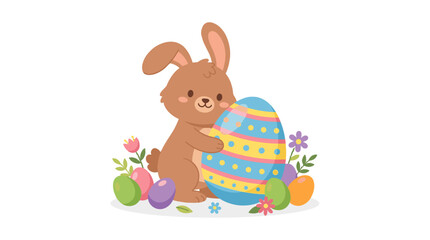 Fototapeta premium Cute rabbit holding decorated egg with colorful spring flowers