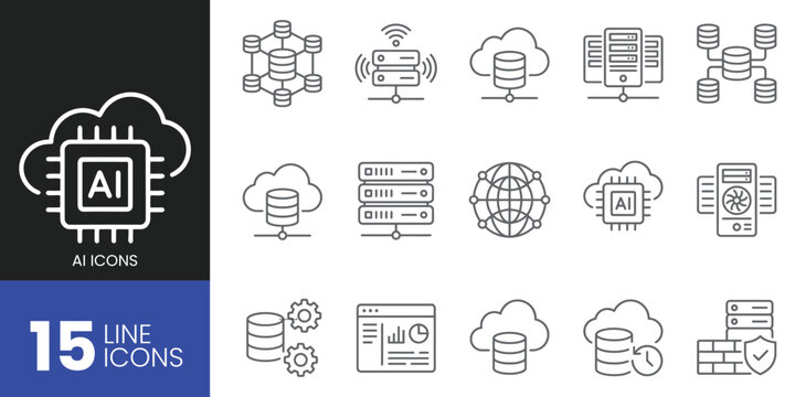 Set of 15 thin line ai and cloud computing icons, vector illustration