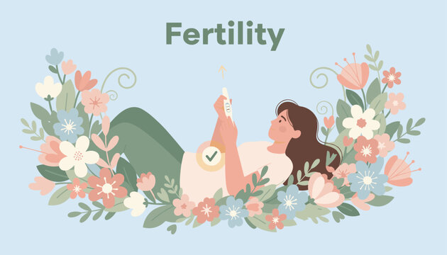 Young woman lying down on field of colorful flowers holds positive pregnancy test symbolizing fertility and natural conception.