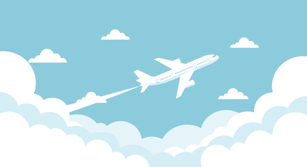 Commercial airplane flies majestically through a blue sky filled with soft white clouds leaving a long vapor trail during its journey. © Mr