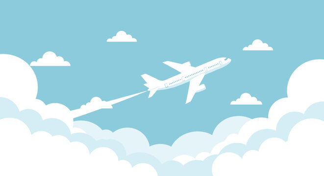 Commercial airplane flies majestically through a blue sky filled with soft white clouds leaving a long vapor trail during its journey.