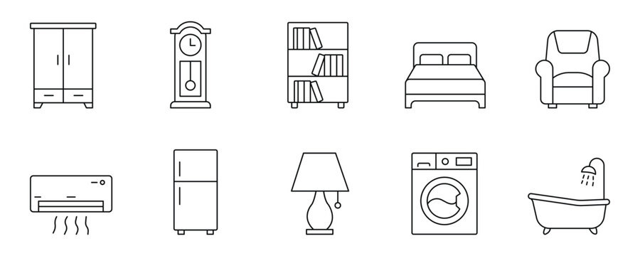 Furniture and home interior linear icons representing household objects for modern living room vector illustration.