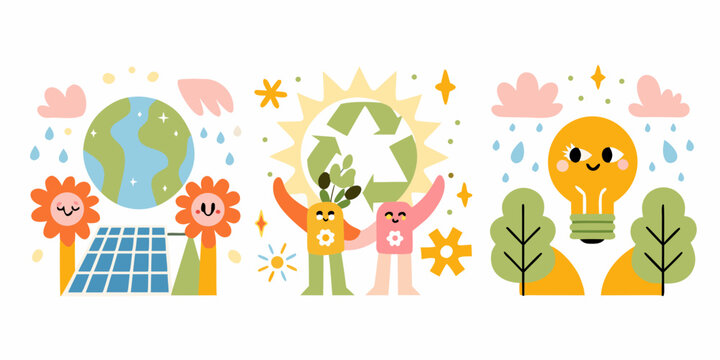 Eco Friendly Illustration With Globe Flowers And Recycling Symbol On White