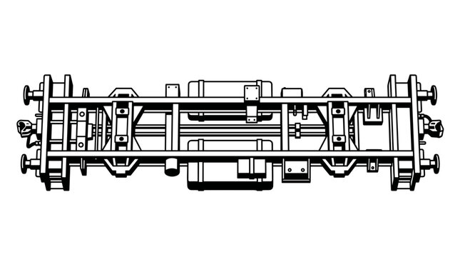 Detailed illustration of a vintage train bogie chassis.