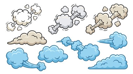 Obraz premium Cartoon wind cloud puffs and gust symbols set