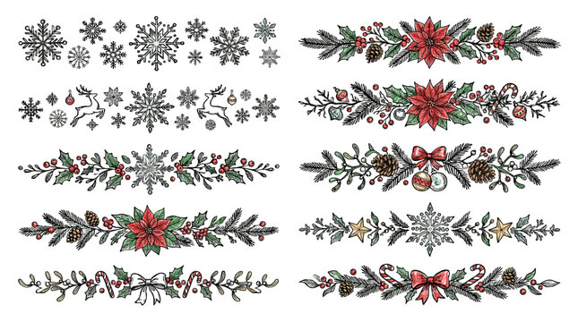 Hand drawn Christmas borders with poinsettias and snowflakes