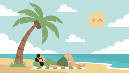 Obraz premium Young woman wearing headphones relaxes on sunny beach under green palm tree listening to soothing music or podcast.