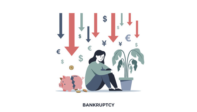Depressed woman sitting near broken piggy bank under falling financial arrows representing business bankruptcy and money loss.