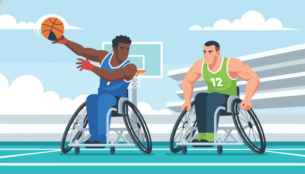 Two determined wheelchair basketball athletes competing in arena representing disabled sports and active lifestyle.