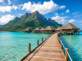 Fototapeta premium Tropical Overwater Bungalows with Wooden Boardwalk and Turquoise Lagoon